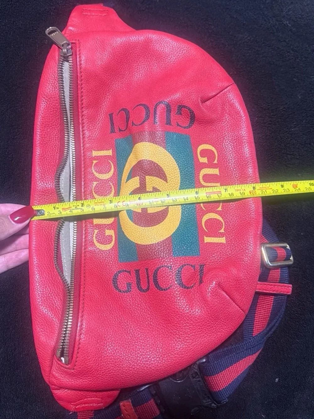 Gucci Red Leather Logo Belt Bag with Striped Strap